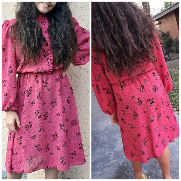 Vintage Dresses & Skirts - VTG Pink Black Off Center Floral Rose Princess